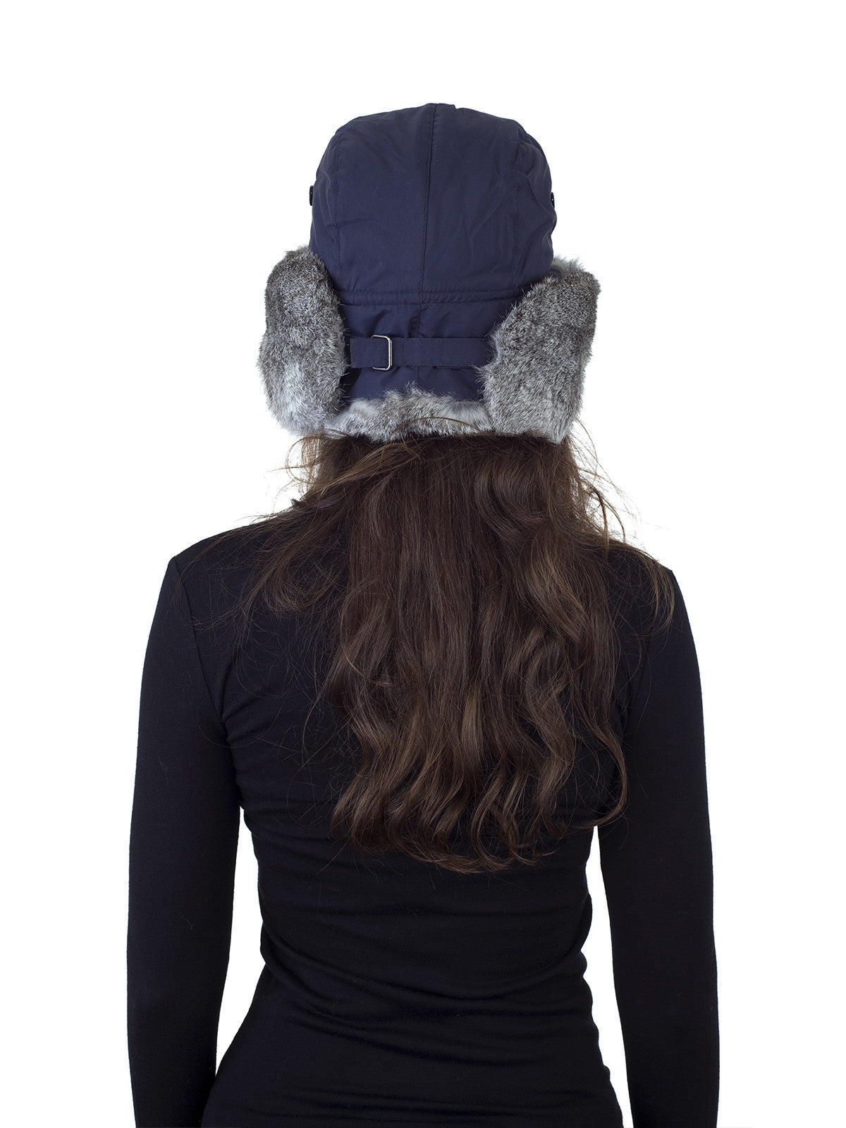 Blue Aviator Hat with Natural Grey Rabbit Fur