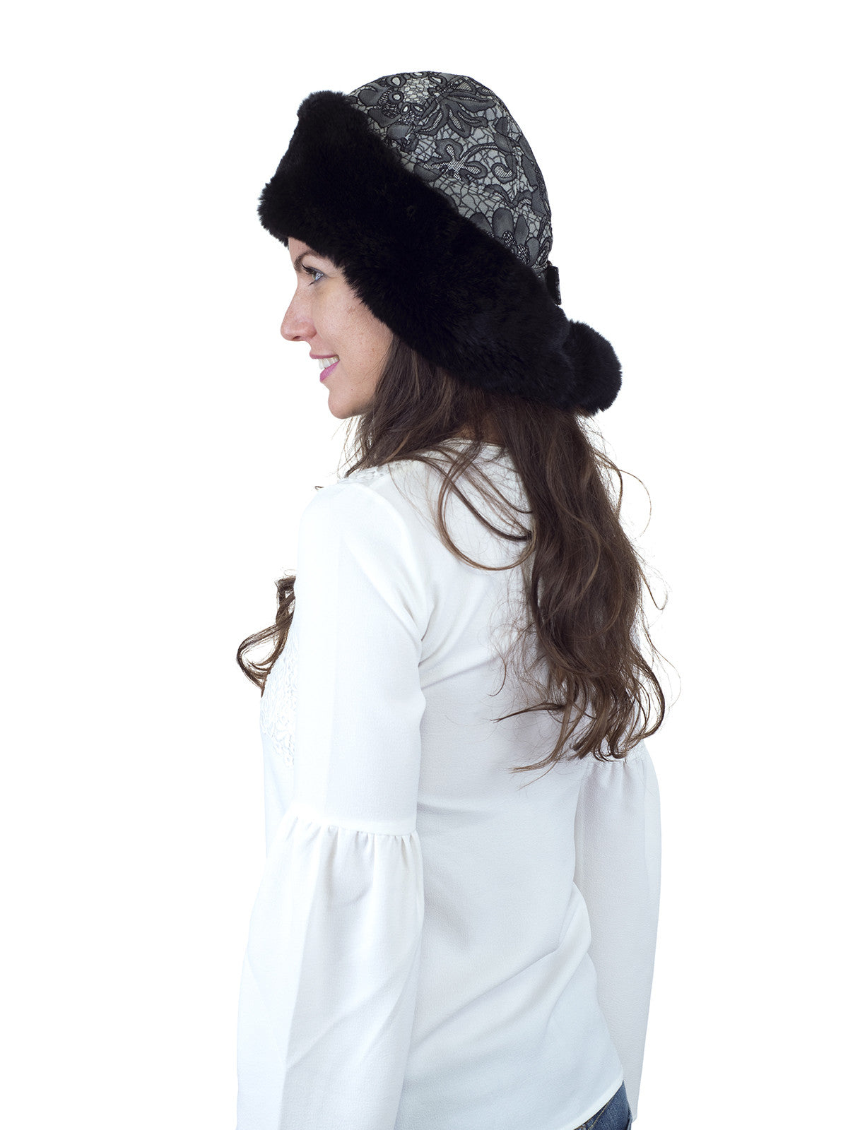 Black Rex Rabbit Hat with Black and White Italian Fabric