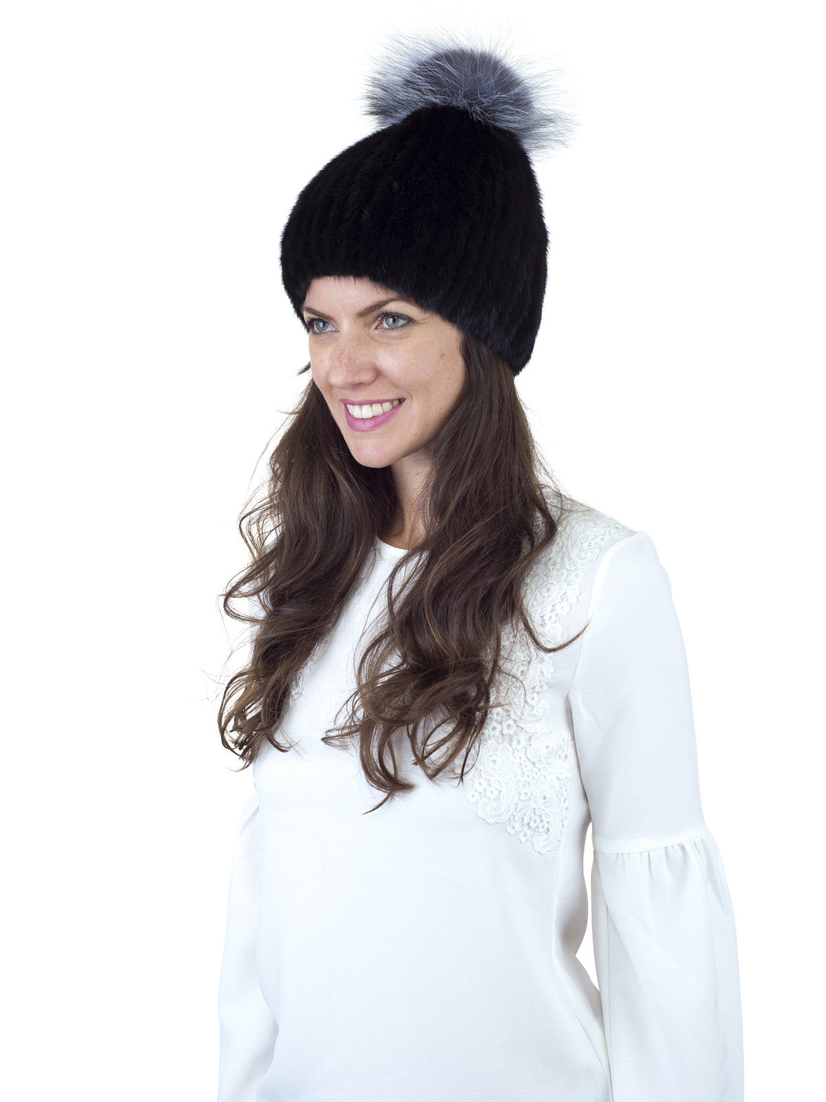 Black Mink Fur Hat with Silver Fox Pom Pom Beanie