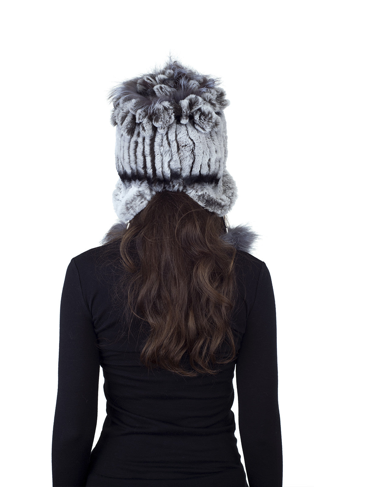Chinchilla Color Rex Rabbit Fur Hat with Earflaps and Fox Pom Pom