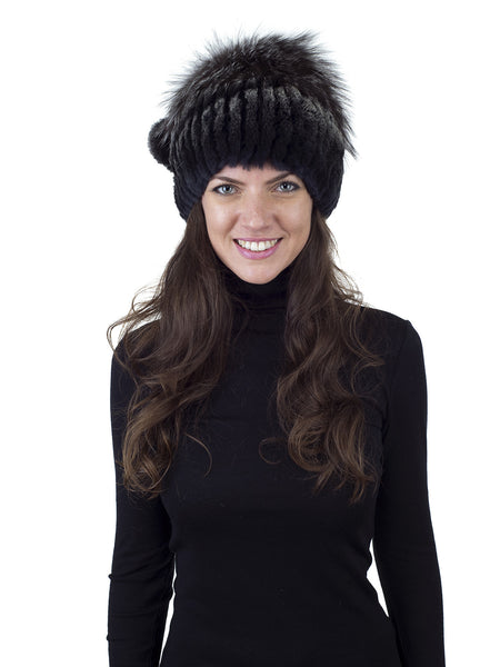 Dark Brown with White Rex Rabbit Fur Hat with Silver Fox Crown