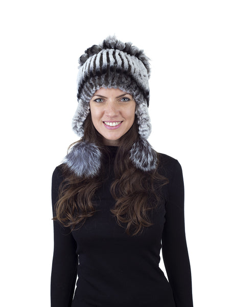 Chinchilla Color Rex Rabbit Fur Hat with Earflaps and Fox Pom Pom