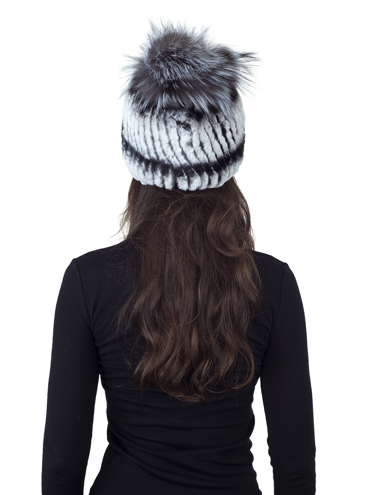 White/Black/Grey Rex Rabbit Fur Hat with Silver Fox On Crown