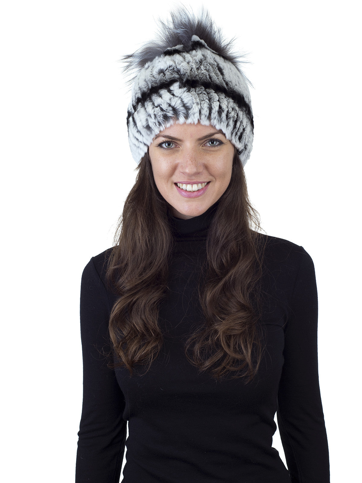 White/Black/Grey Rex Rabbit Fur Hat with Silver Fox On Crown