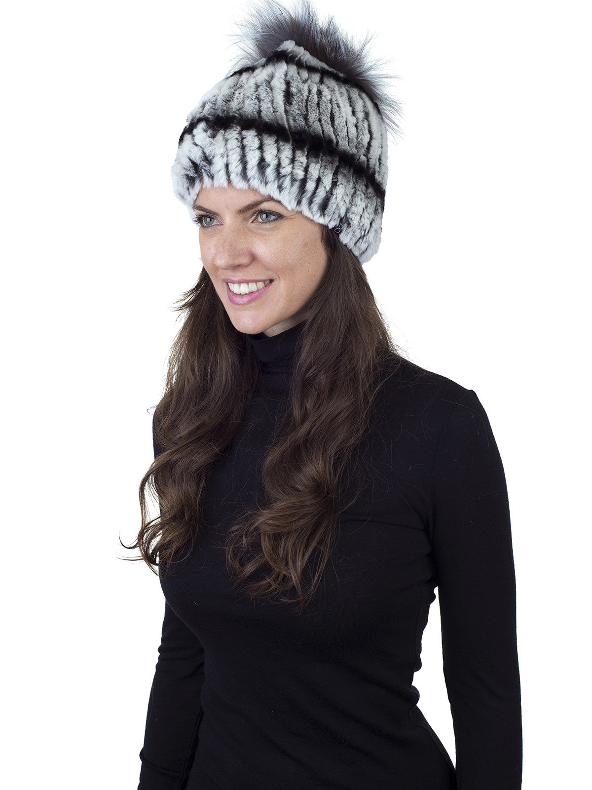 White/Black/Grey Rex Rabbit Fur Hat with Silver Fox On Crown